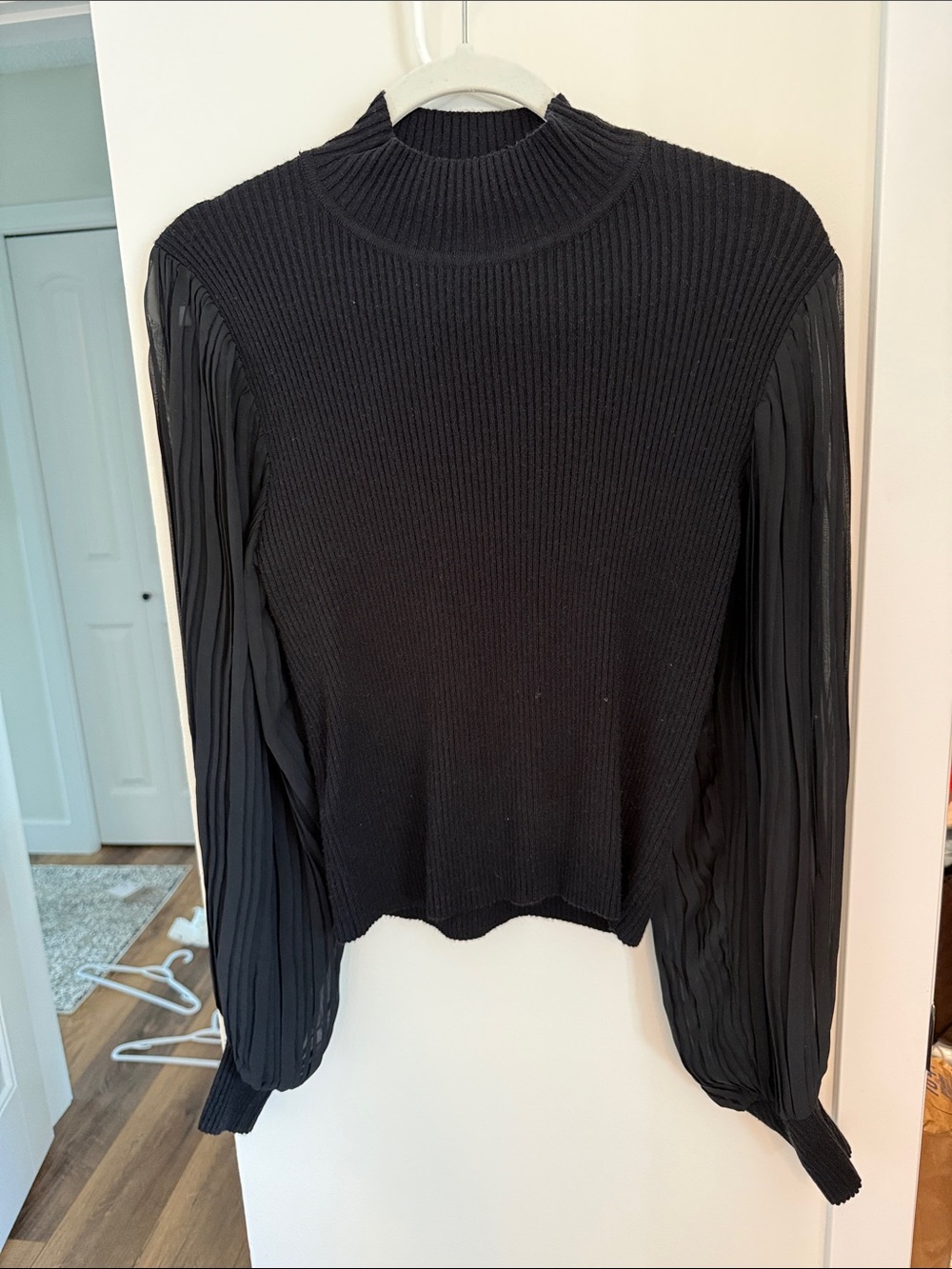 BCBGeneration Black Ribbed Knit Top with Pleated Balloon Sleeves